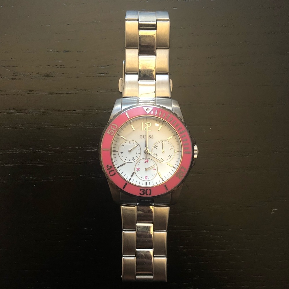Silver and pink GUESS watch